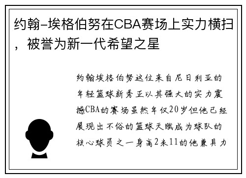 约翰-埃格伯努在CBA赛场上实力横扫，被誉为新一代希望之星