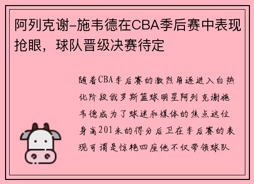 阿列克谢-施韦德在CBA季后赛中表现抢眼，球队晋级决赛待定