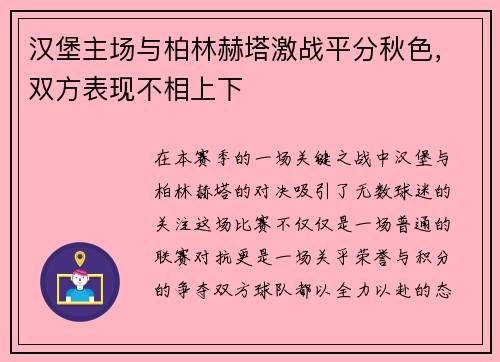 汉堡主场与柏林赫塔激战平分秋色，双方表现不相上下